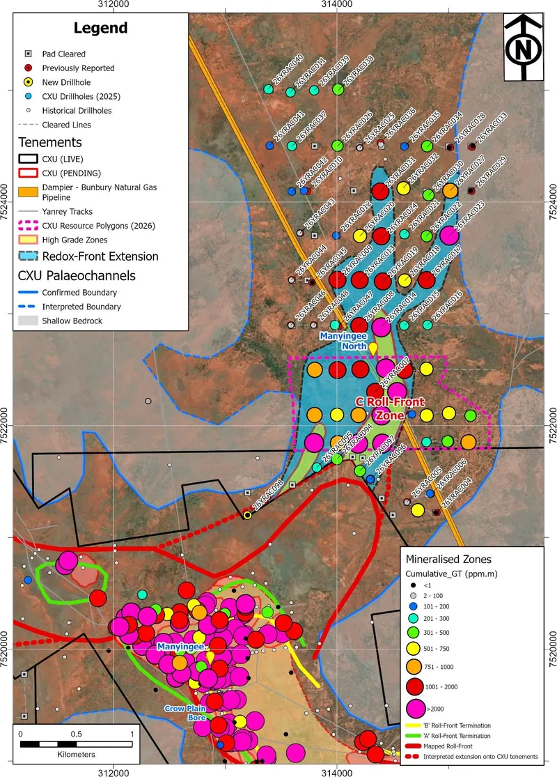Manyingee North Cumulative GT (ppm m) map showing the continuation of the Manyingee redox-front