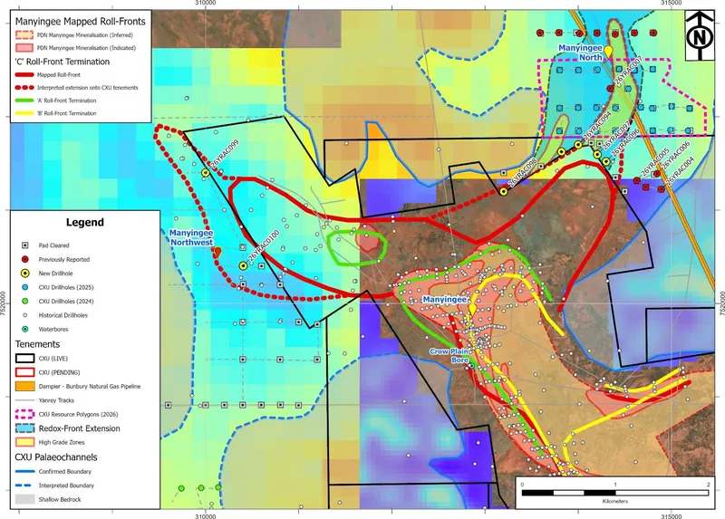 Manyingee South passive seismic interpreted depth to bedrock map showing drillhole locations.