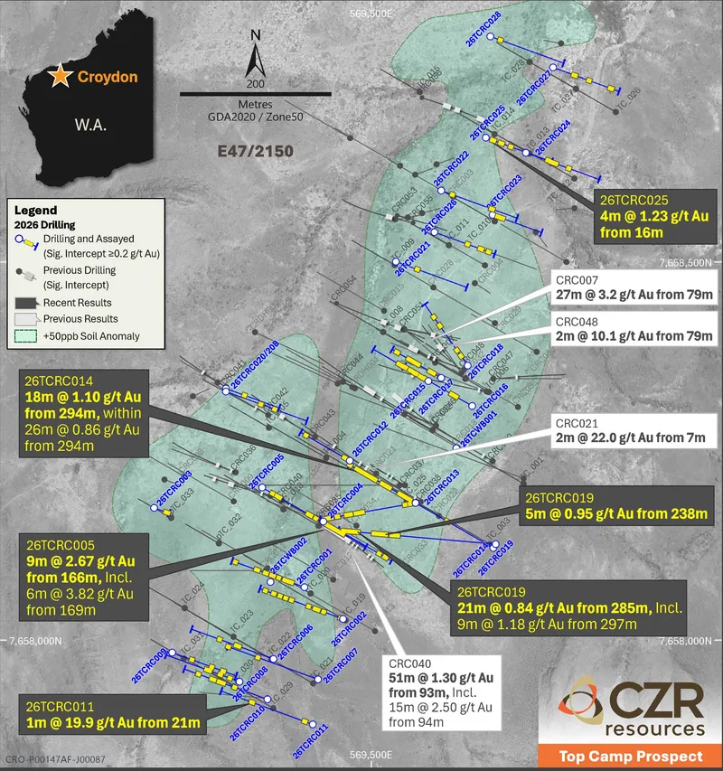 Top Camp collar plan showing intercepts >0.3g/t Au overlain on soil geochemistry and aerial image