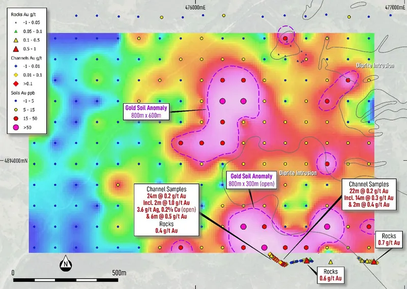 Soil anomalies and channel sampling results from Bucje prospect