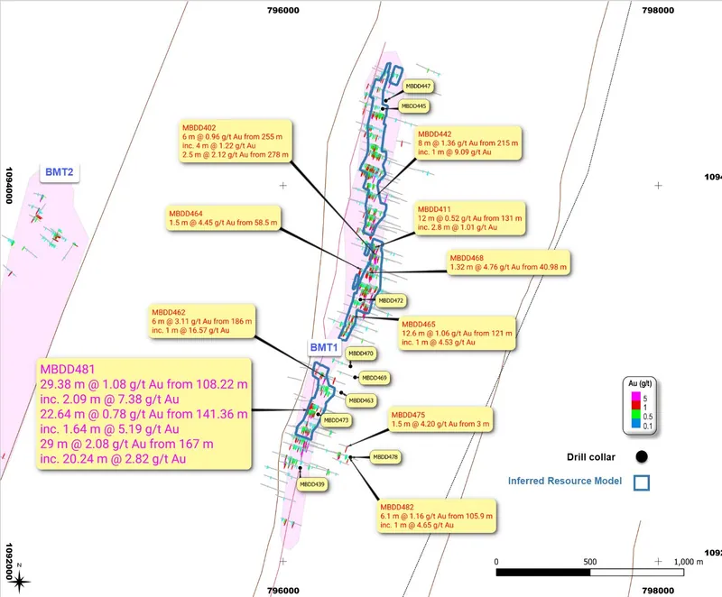 Plan view showing new drill results (yellow) for the BMT1 deposit2