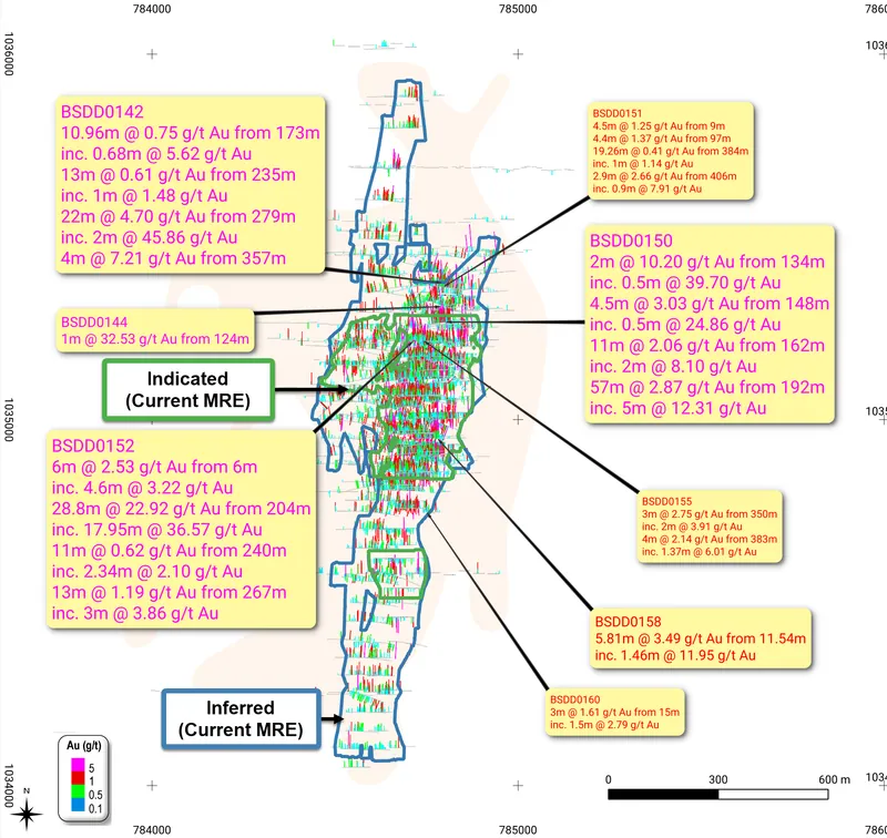 Plan view showing new drill results (yellow) for the BST1 deposit7