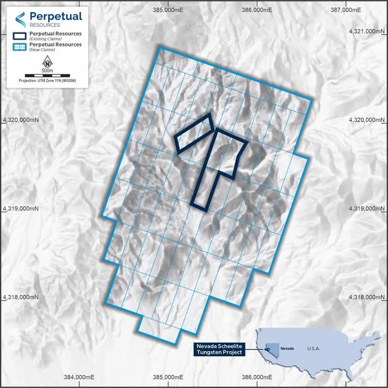 Location of the newly staked 62 lode claims relative to the four patented claims acquired by Perpetual, which comprise the Nevada Scheelite Tungsten Project