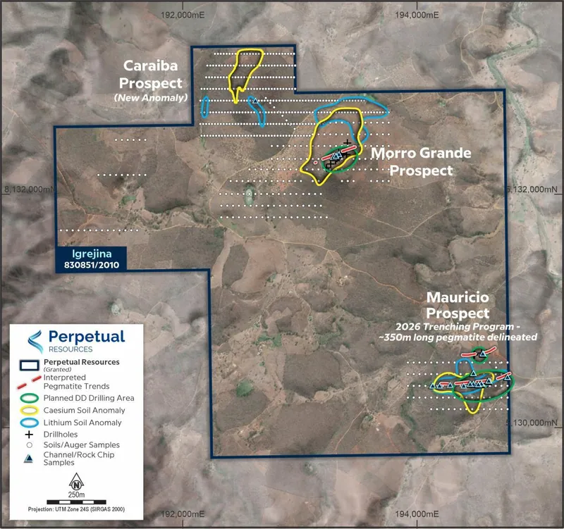 Map showing the Igrejinha tenement area and locations of the Morro Grande and Mauricio Targets, including interpreted pegmatite projections, previous explorati…