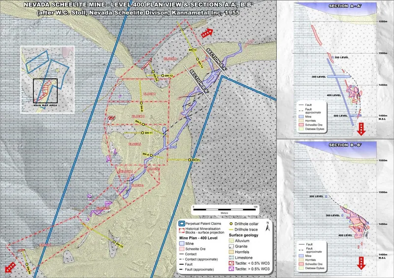 400 Level plan with two cross sections exhibiting the Nevada Scheelite contact zone, highlighting granodiorite overhangs that historically hosted the highest-g…