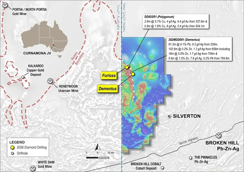 Proposed diamond drillhole locations and assay results at the Furiosa and Dementus Targets at the Broken Hill Project
