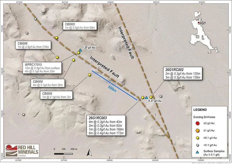 RC drilling hole locations and results at the G1 Target