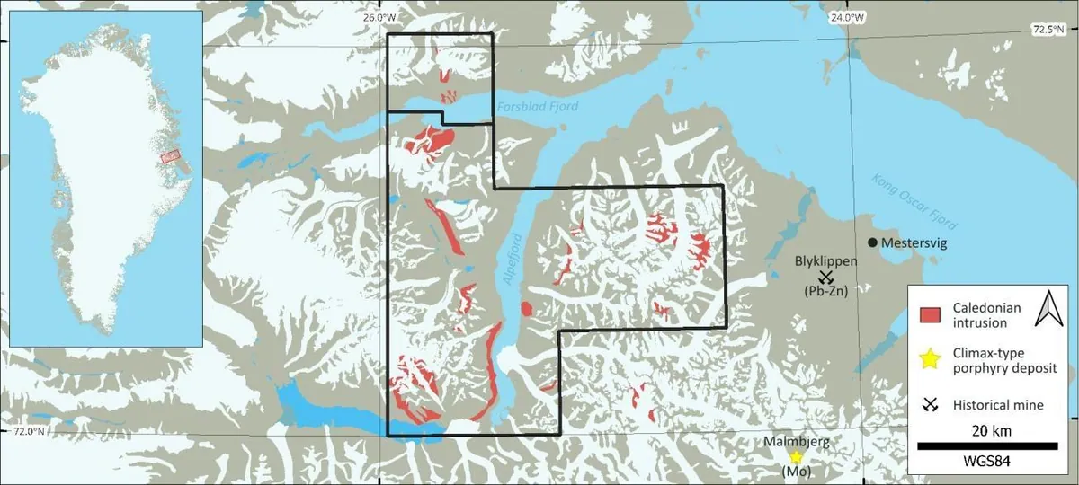 Location map of new Eleonore North licences in East Greenland with prospective Caledonian intrusions