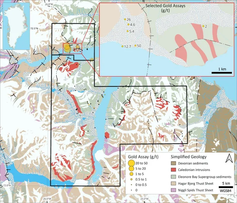 Simplified geological map with historical Nordmine grab sample gold results