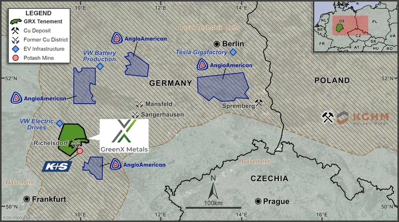 Tannenberg is located in the industrial centre of Europe within the Basal Zechstein trend (brown shading)