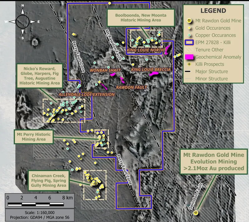 Mt Rawdon West Project – Area of activity, including prospects, key interpreted structure and geochemical areas of interest over an aeromagnetic geophysical im…