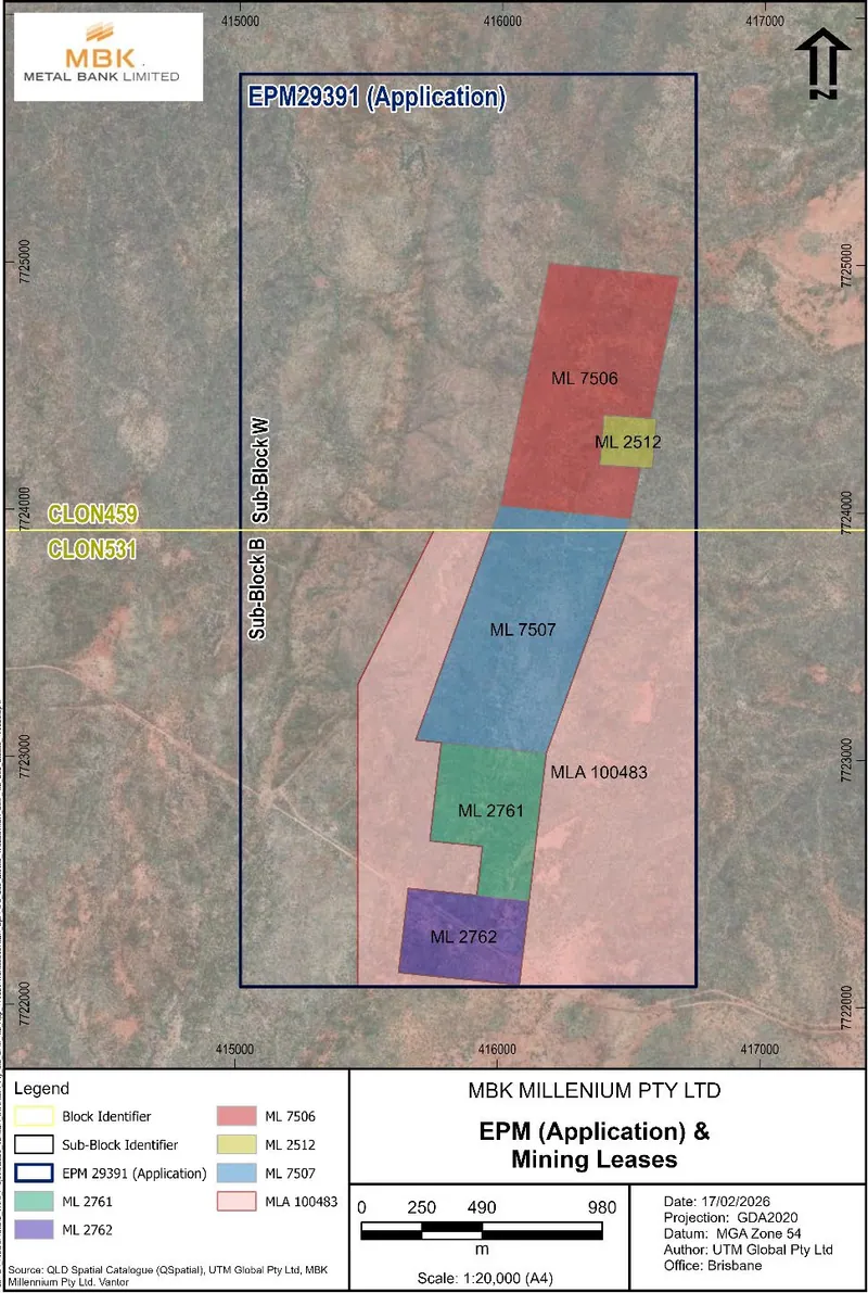 Map showing Millennium granted MLs, ML100483 application and EPM29391 application areas
