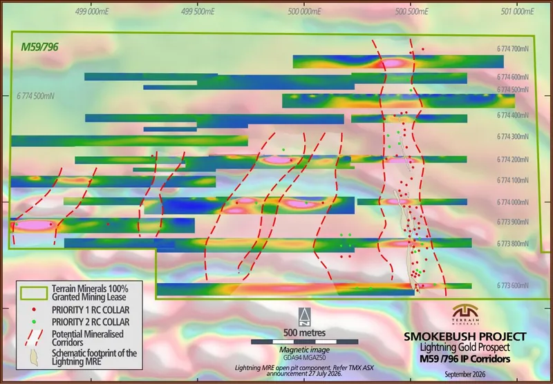 Planned RC drill collars for the 2026 Smokebush program at the Lightning prospect (M59/796), shown against the total magnetic intensity image and the schematic…