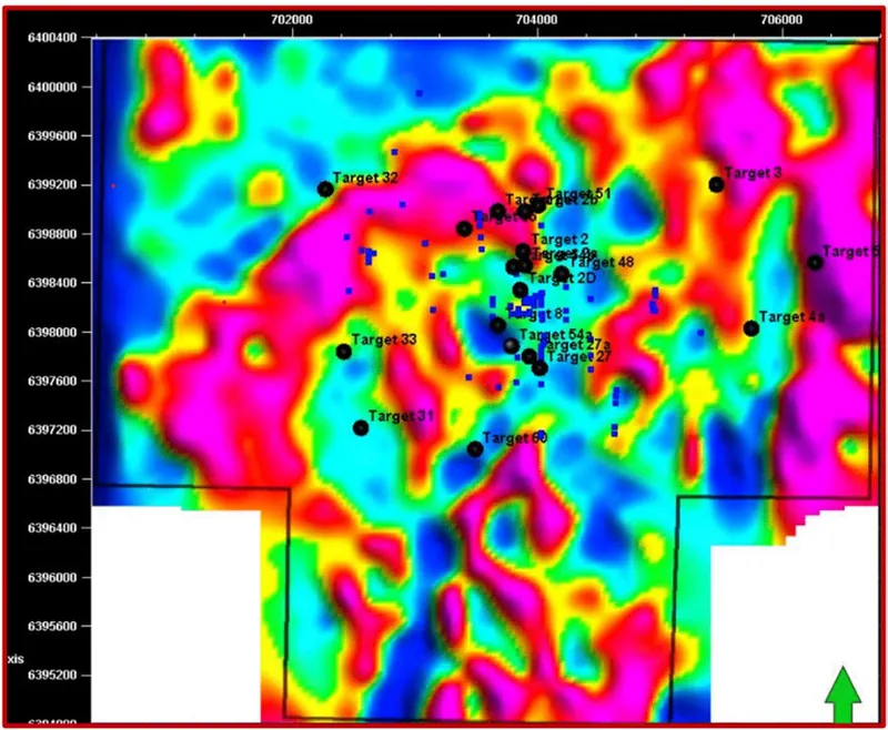 Parkinson Dam – location of the twenty high priority drill targets and the Uno Fault (Archimedes Consulting review)