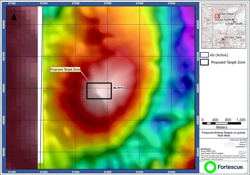 Proposed drill target zone over gravity anomaly at Titan West (source: Fortescue)