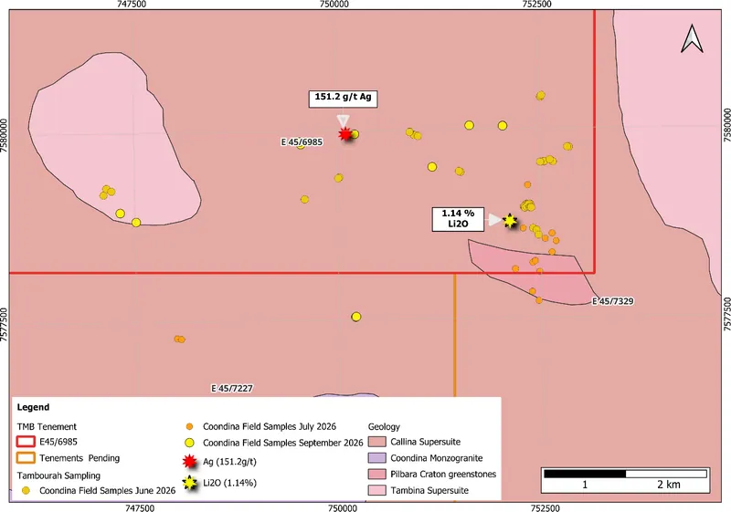 Coondina project geology, sample locations showing Silver and LCT anomalies