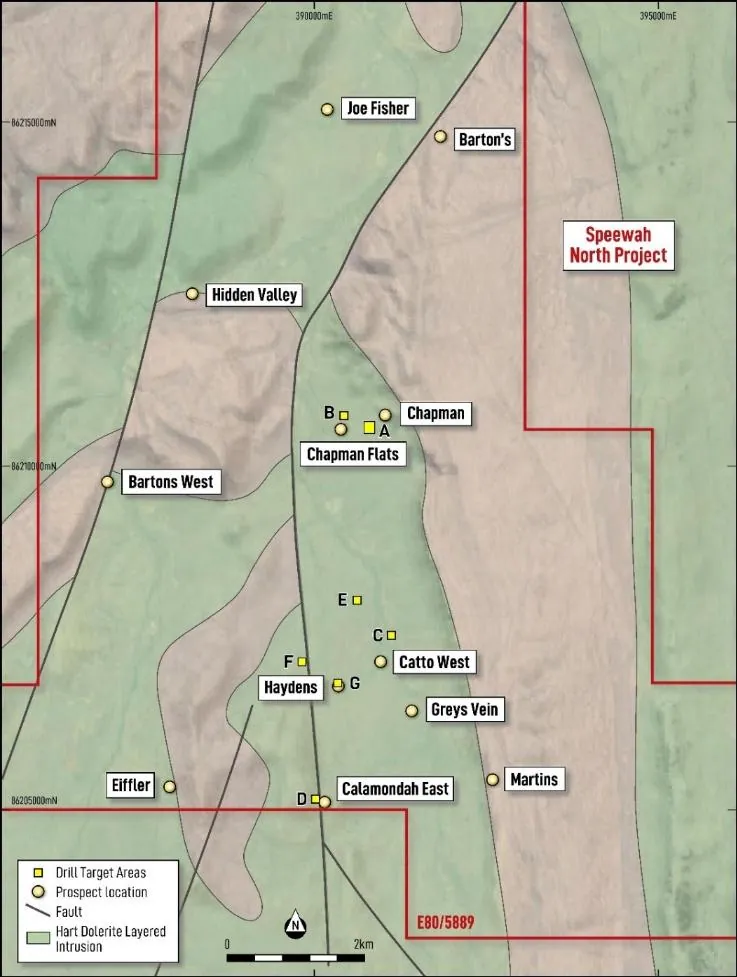 Chapman - Hayden's corridor showing historic prospect locations and planned drill targets