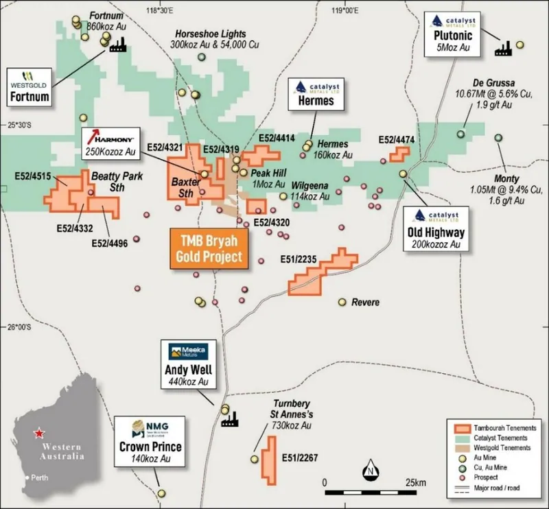 Location plan showing Tambourah's Bryah Gold Project tenements and prospects