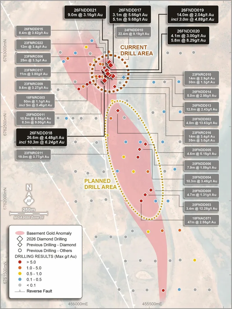 Fortitude North drilling showing area of current drilling (brown dotted outline) and planned lake based drilling (tan dotted outline)