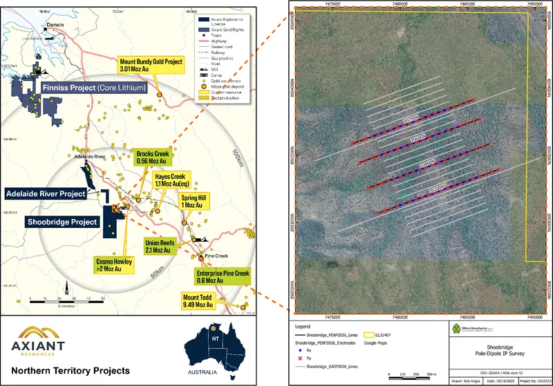 Location of the IP surveys completed at the Shoobridge Gold Project, NT (source: ASX announcement 20 October 2026).