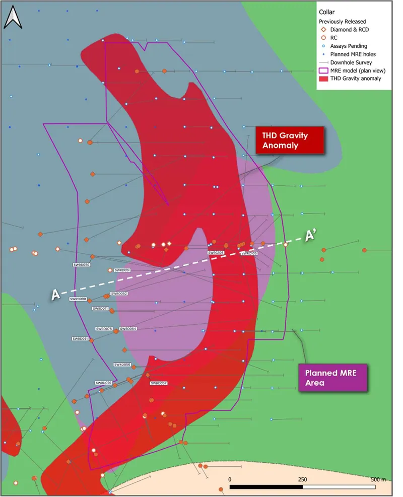 Plan view of the Southwest Main Sulfide Corridor showing drilling completed to date and the planned maiden MRE area