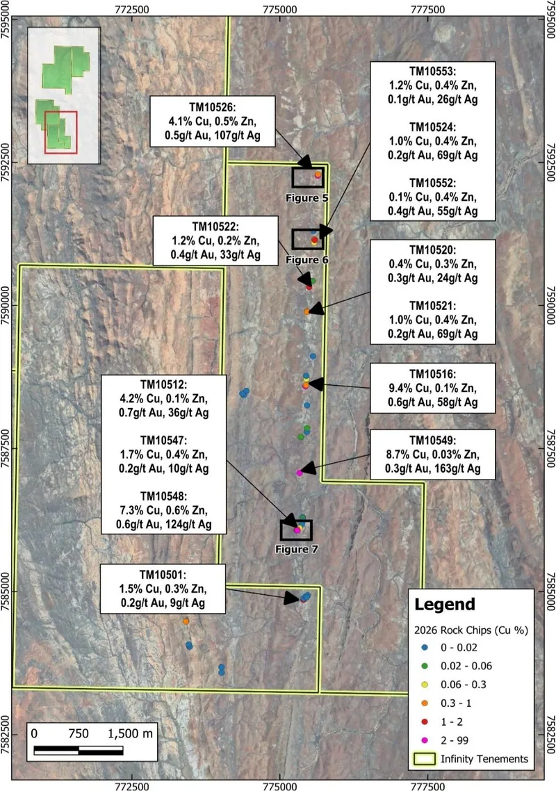 Location map of Hillside rock-chip samples and reported assay results