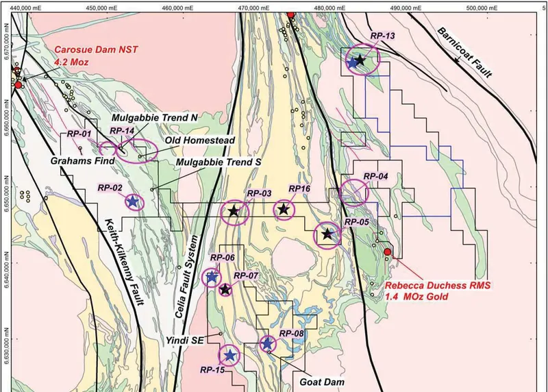 Lake Rebecca Gold Project and Regional Geological Interpretation (GSWA 1:500K) outlining exploration targets and location of current soil sampling and IP surve…