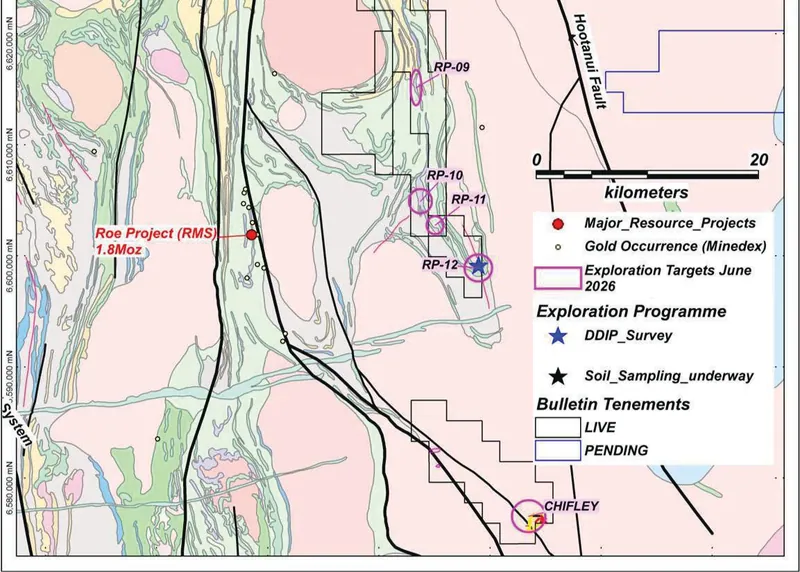 Lake Rebecca Gold Project and Regional Geological Interpretation (GSWA 1:500K) outlining exploration targets and location of current soil sampling and IP surve…