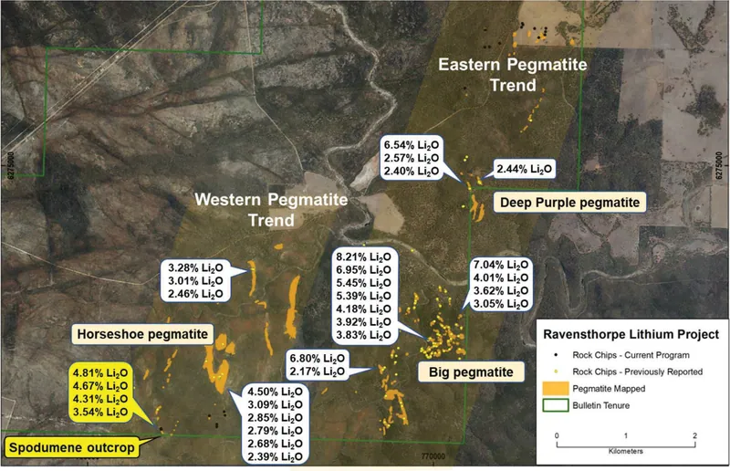 Spodumene locations, LCT pegmatite locations and rock chip assays above 2.0% Li2O with new results highlighted in yellow (refer ASX announcements dated 24 Janu…