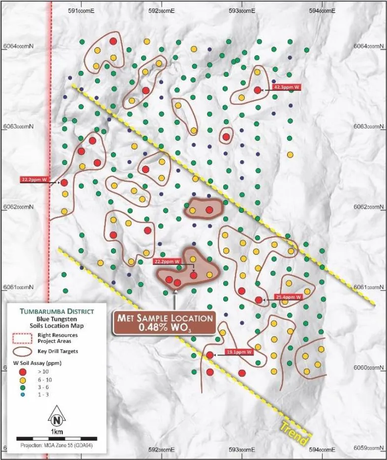 Comparison of laboratory tungsten (W) and bismuth (Bi) soil geochemistry and gold rock assays showing northwest, northeast and east-northeast trendsat Blue Pro…