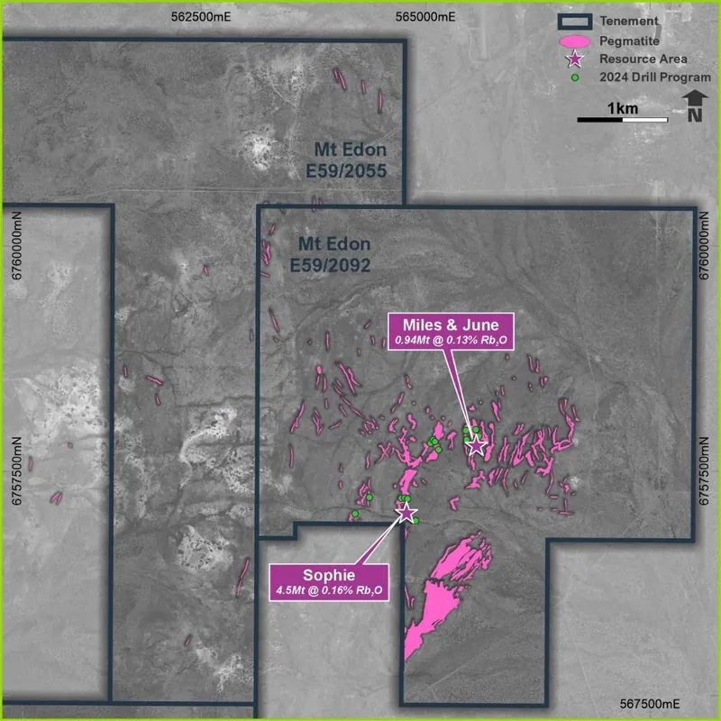 Mt Edon - Resource area locations and mapped Pegmatites