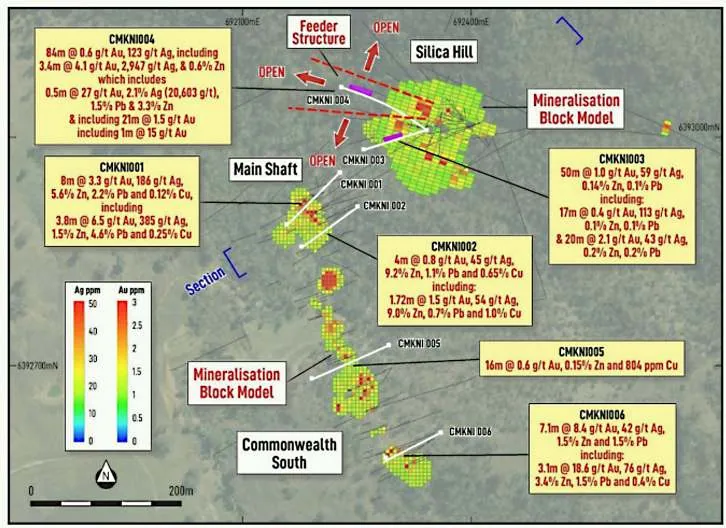 Figure 4.2 Plan map of Commonwealth and Silica Hill mineralisation models presenting the six Phase 1 Kuniko Limited drillholes (white traces)