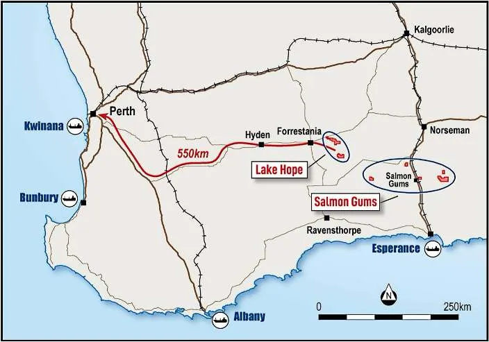Figure 1.1 Location of the Lake Hope HPA and Kumarl (Salmon Gums) Potash and Hydrochloric Acid Project in Western Australia