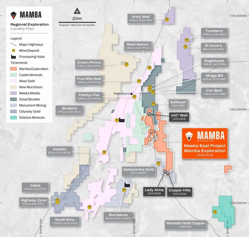 Regional location of the Meeka East Project, including the 140 Foot Well, Copper Hills and Lady Alma prospects
