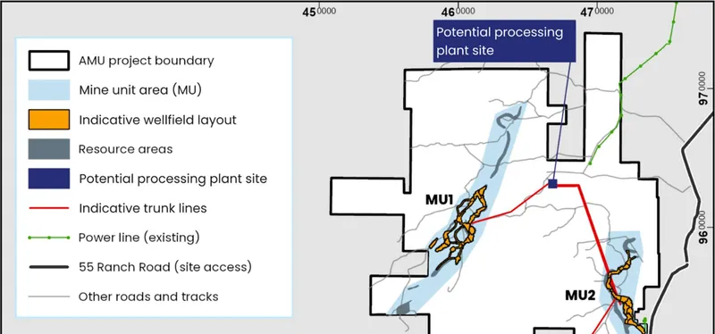 LO herma proposed MINE units, indicative wellfield layout AND potential processing plant SITE