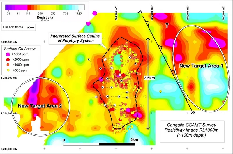 Cangallo CSAMT Resistivity Image (plan view) at ~100m depth showing the interpreted outline of the mineralised porphyry and additional high-priority target are…