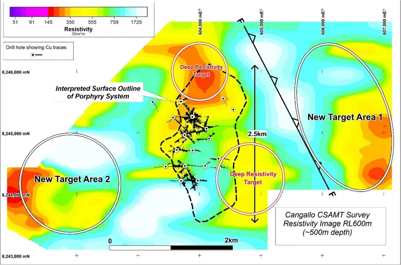 Cangallo CSAMT Resistivity Image (plan view) at ~500m depth showing the interpreted outline of the mineralised porphyry and additional target areas for testing