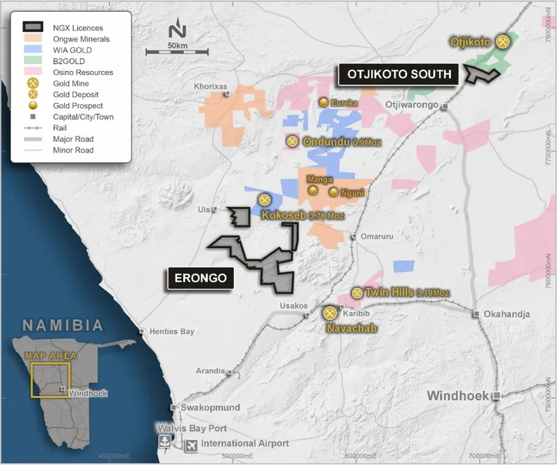 Map of the Erongo and Otjikoto South Projects amongst the major gold explorers active in the region