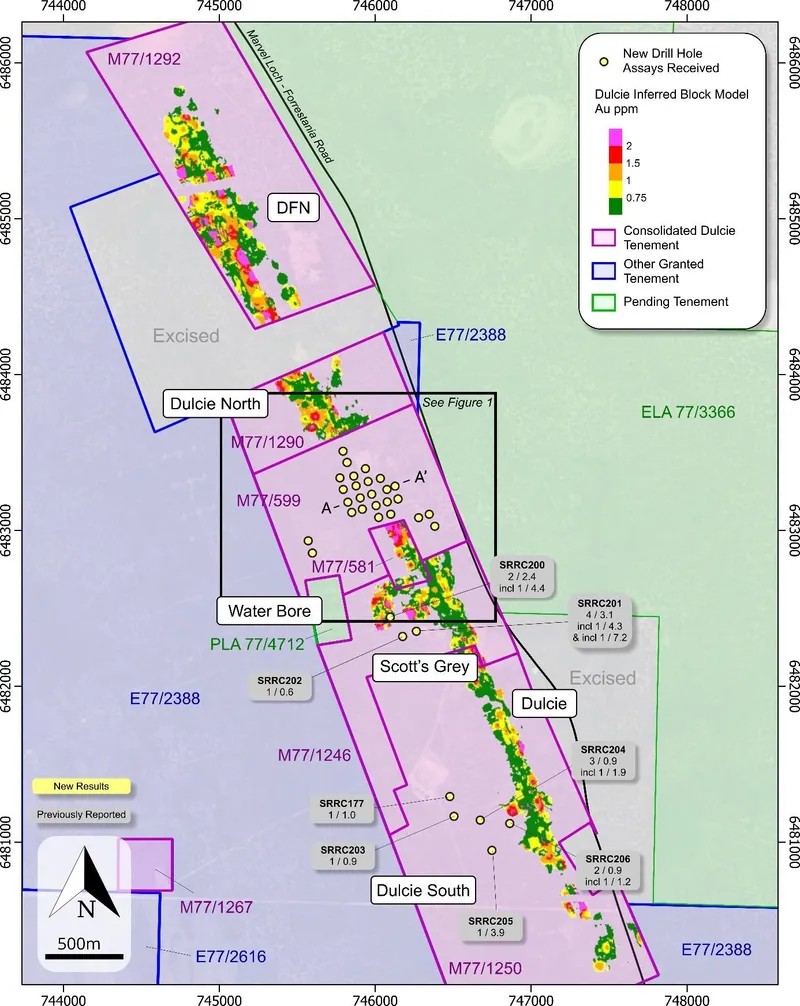 Plan view of the Consolidated Dulcie Gold Project showing completed drill holes and significant intercepts (interval in metres / grade in g/t Au), over the Inf…