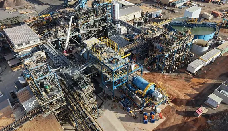 An aerial view of the Peak Processing Plant showing the new tertiary ball mill in the foreground tailings thickener in the top-right