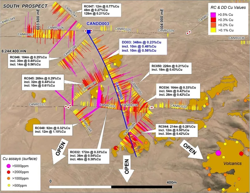 Cangallo South Prospect showing increased grade and thickness towards the south-east and the location of diamond drill-hole CANDD003 (assays first released 4th…