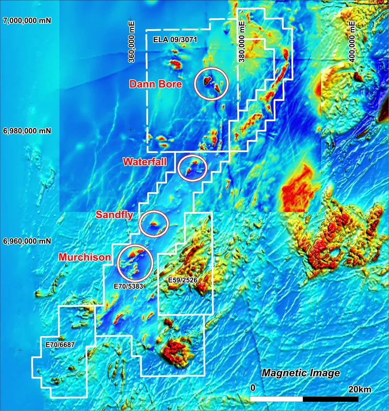 Morrisey Magnetite Project showing the location of the new Dann Bore prospect in relation to the location of the Waterfall Prospect and magnetics