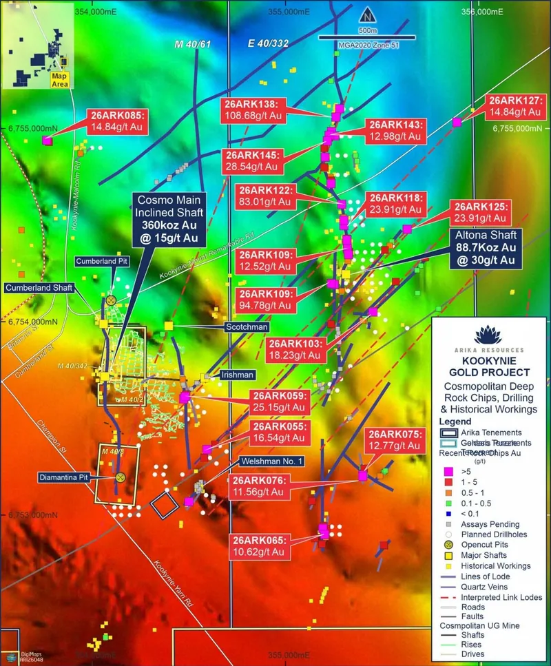 Kookynie Project Cosmopolitan and Altona prospects with location of recent surface rock chip geochemical samples