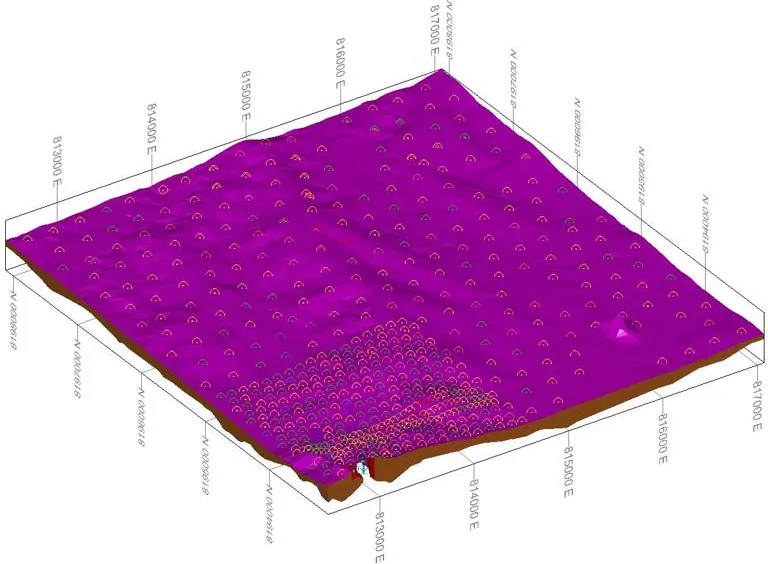 Mineral sand domain wireframe looking north-east, shown at 10x vertical exaggeration with drill collars marked by circles