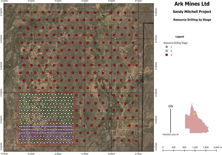 Sandy Mitchell resource drilling by stage, Stage 3 collars shown in red