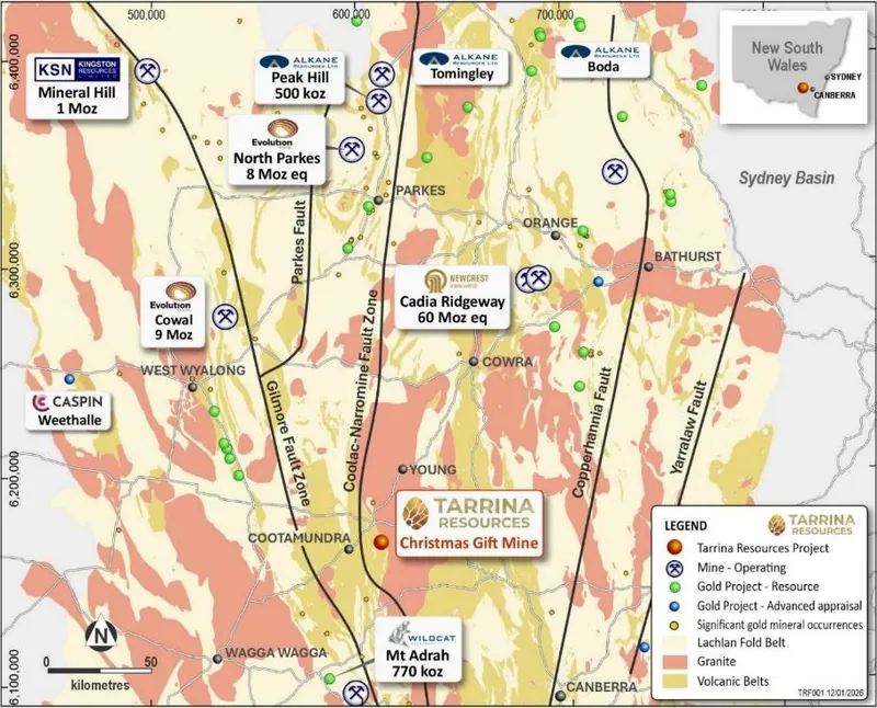 Location of the Christmas Gift Gold project within the Lachlan Fold Belt, showing the Cootamundra map sheet, regional geological features, and nearby operating…