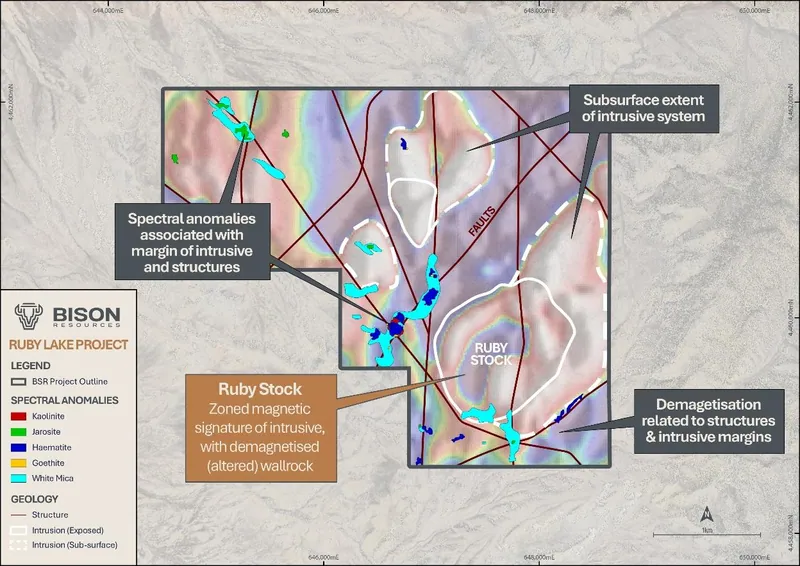 Ruby Lake Project – Spectral anomalies in relation to the surface expression of the Ruby Stock (solid white outline) relative to the sub-surface igneous comple…