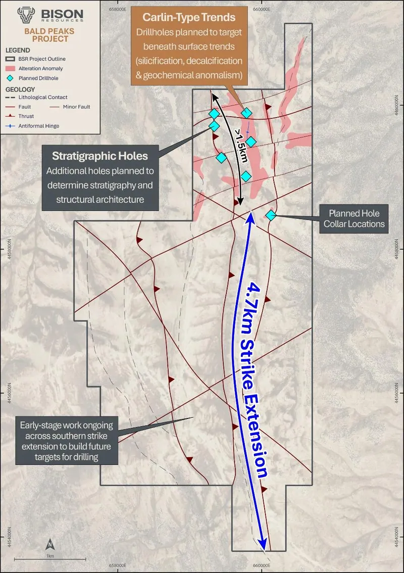 Bald Peaks Project – planned drillhole collars (cyan diamonds) targeting the >1.5 km alteration and geochemical anomaly