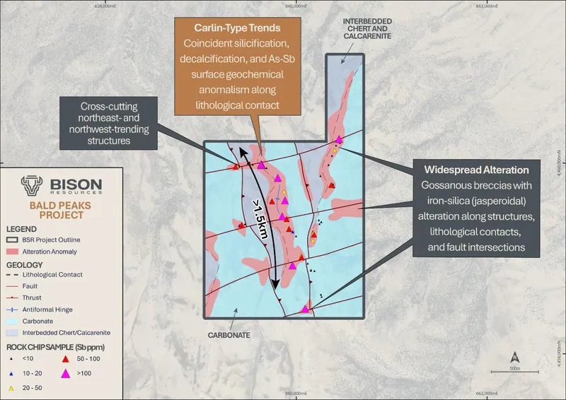 Topographic map of the Bald Peaks Project showing received assay results4 of surface samples (coded by Sb ppm) in relation to mapped iron-silica alteration, li…