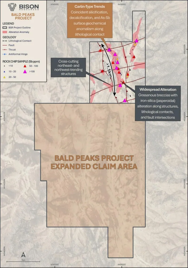 Bald Peaks Project – newly staked claim area in relation to original Project area and surface geochemical anomalies (results previously released)11